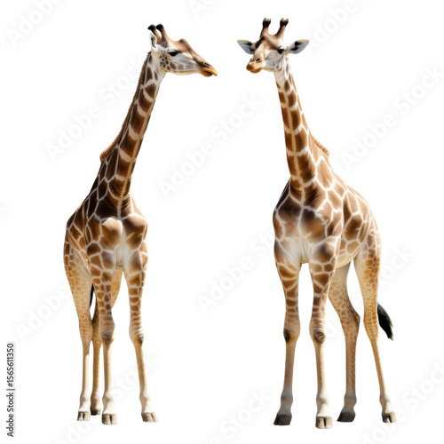 Two giraffes standing and facing each other isolated on transparent background, African wildlife animals cutout
