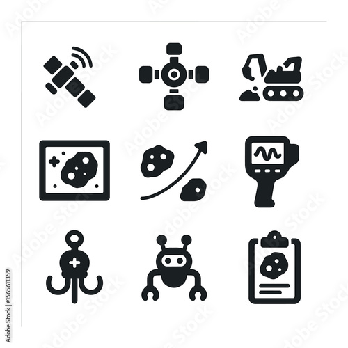 Space Exploration Icons. Solid, filled icons set of space exploration and extraction: satellite relay, orbital