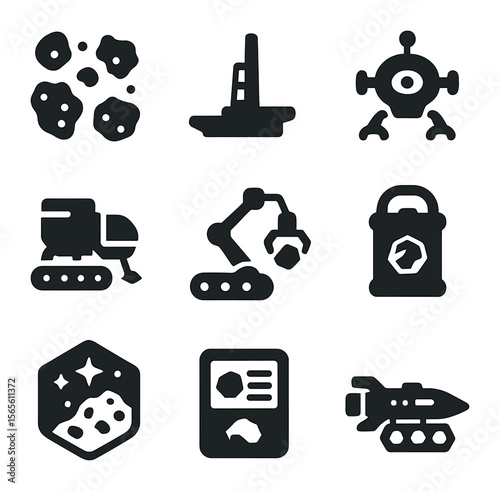 Space Mining Icons. Solid, filled icons set of space mining operations: asteroid belt, docking platform,