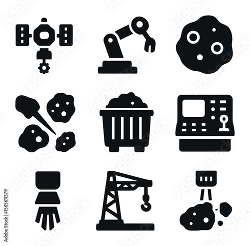 Asteroid Mining Icons. Solid, filled icons set of asteroid mining technology: mining spacecraft, robotic arm,