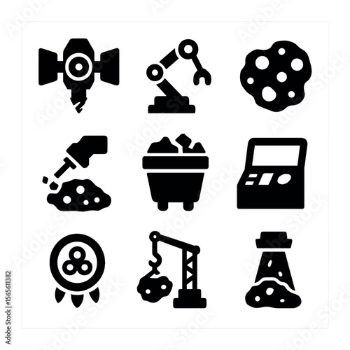 Asteroid Mining Icons. Solid, filled icons set of asteroid mining technology: mining spacecraft, robotic arm,
