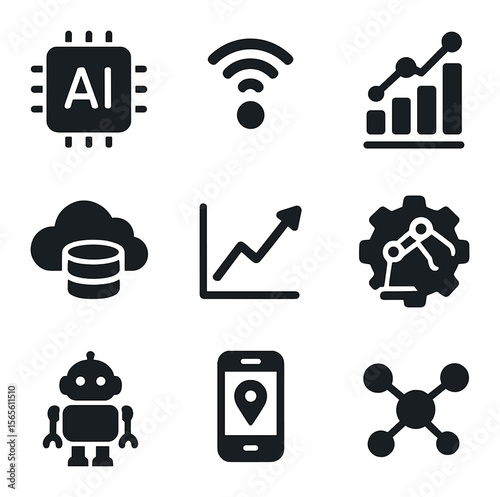 Smart Supply Chain Icons. Solid, filled icons set of smart supply chain technologies: AI processor, IoT sensor