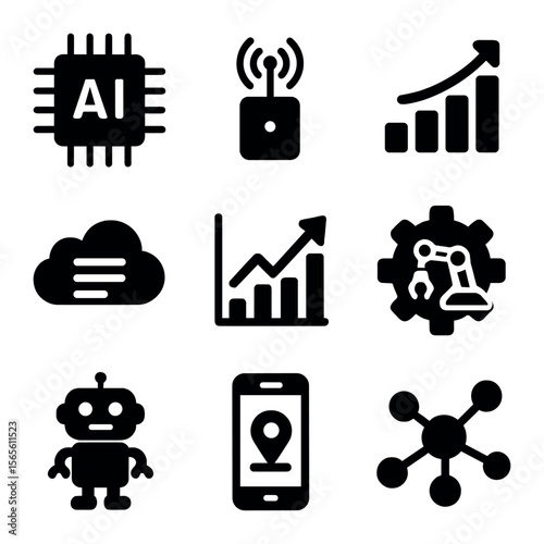 Smart Supply Chain Icons. Solid, filled icons set of smart supply chain technologies: AI processor, IoT sensor