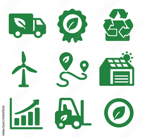 Sustainable Tech Icons. Solid, filled icons set of sustainable tech logistics: green truck, eco label,