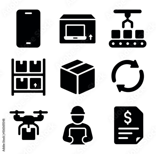 Technology Icon Grid. Solid, filled icons set of technology product distribution: smartphone icon, laptop box,