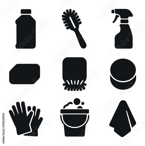 Car Care Icons. Solid, filled icons set of car care accessories: tire shine bottle, rim brush, detail spray,