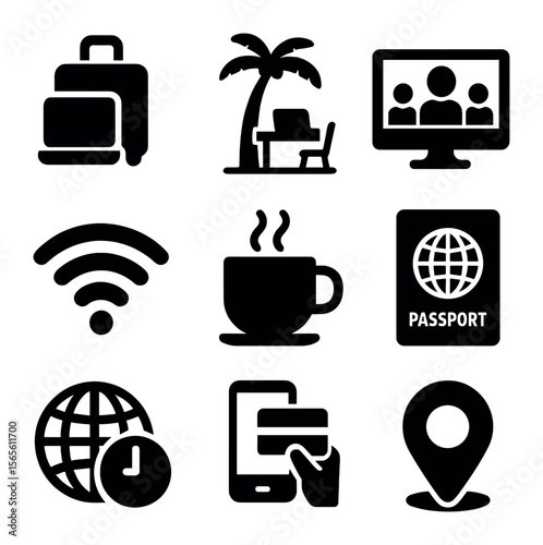 Digital Nomad Icons. Solid, filled icons set of digital nomad work life: suitcase with laptop, palm tree