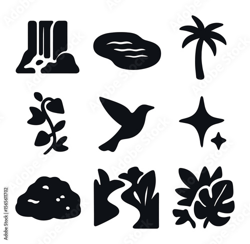 Tropical Oasis Icons. Solid, filled icons set of hidden tropical oasis: hidden waterfall, shaded pool, palm