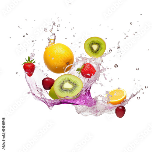 Fresh fruits splashing in juice and water isolated on transparent background, colorful dynamic fruit mix cutout
