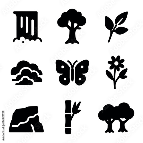 Rainforest Icons Set. Solid, filled icons set of rainforest ecosystem views: falling water, jungle tree, leafy
