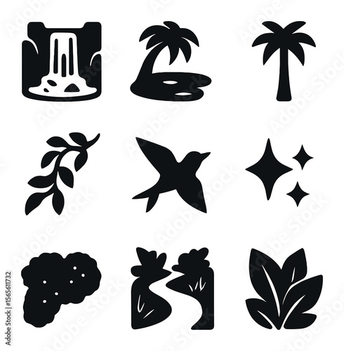 Tropical Oasis Icons. Solid, filled icons set of hidden tropical oasis: hidden waterfall, shaded pool, palm