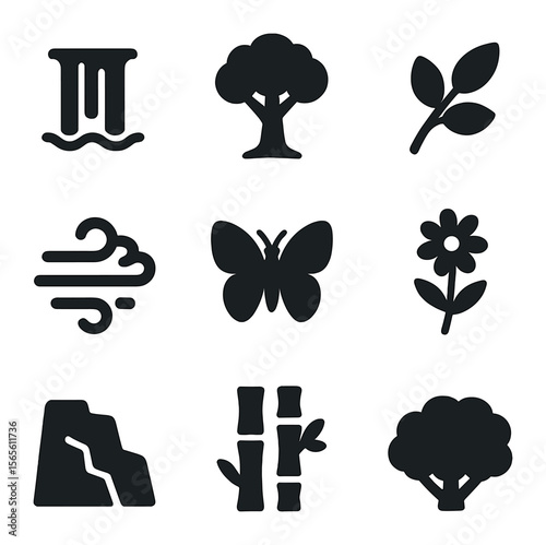 Rainforest Icons Set. Solid, filled icons set of rainforest ecosystem views: falling water, jungle tree, leafy