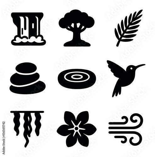 Exotic Waterfall Icons. Solid, filled icons set of exotic waterfall surroundings: waterfall curtain,