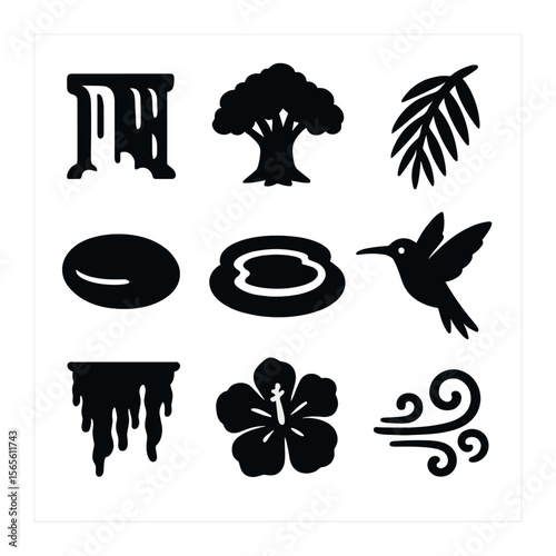 Exotic Waterfall Icons. Solid, filled icons set of exotic waterfall surroundings: waterfall curtain,