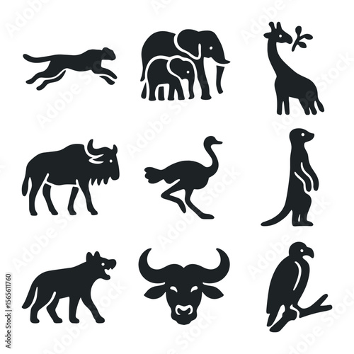 Safari Wildlife Icons. Solid, filled icons set of safari wildlife: cheetah sprinting, elephant herd, giraffe