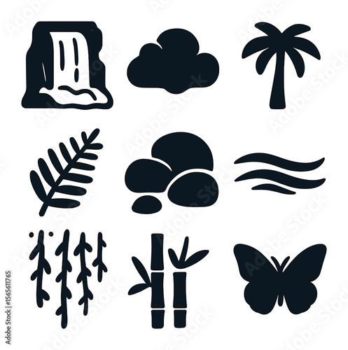 Tropical Waterfall Icon Set. Solid, filled icons set of tropical waterfall scenery: cascading waterfall, mist