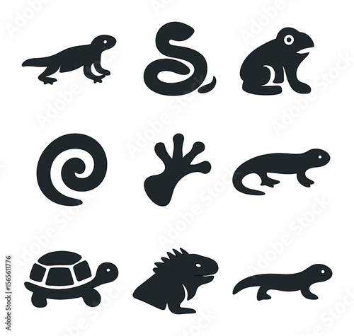 Reptile Icon Grid. Solid, filled icons set of reptiles and amphibians: lizard crawling, snake coil, frog