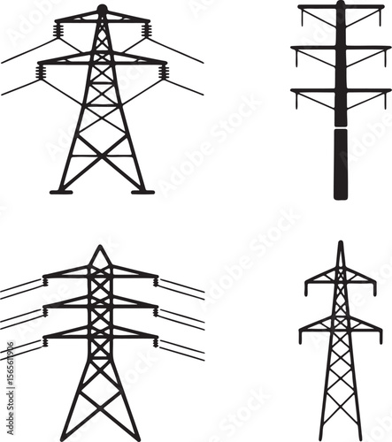 Electric tower silhouette set vector illustration isolated On Transparent Background