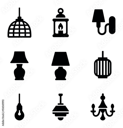 Decorative Light Fixtures Grid. Solid, filled icons set of decorative light fixtures: rattan pendant, glass
