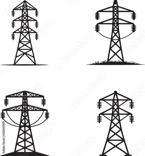 Electric tower silhouette set vector illustration isolated On Transparent Background