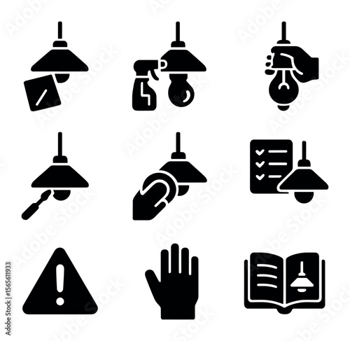 Pendant Lighting Maintenance Icons. Solid, filled icons set of pendant lighting maintenance: dusting cloth,