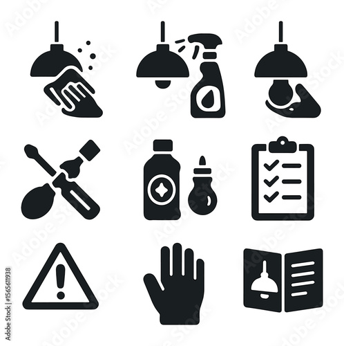 Pendant Lighting Maintenance Icons. Solid, filled icons set of pendant lighting maintenance: dusting cloth,