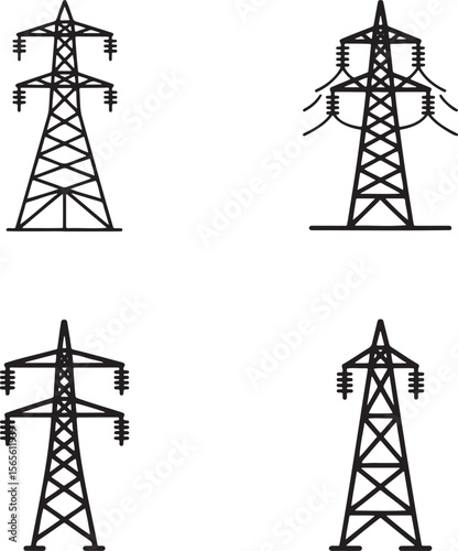 Electric tower silhouette set vector illustration isolated On Transparent Background
