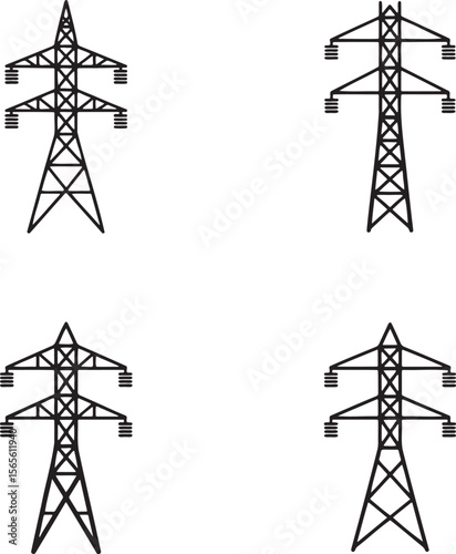 Electric tower silhouette set vector illustration isolated On Transparent Background