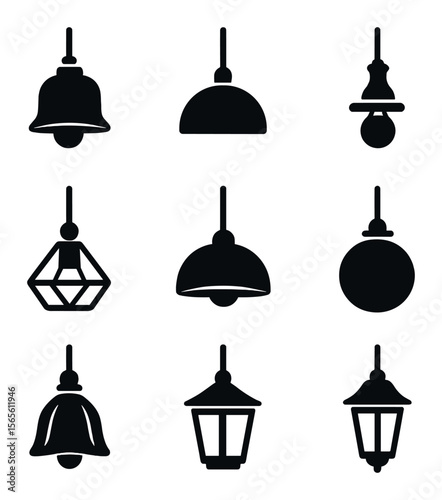 Kitchen Pendant Icons. Solid, filled icons set of pendant styles for kitchens: vintage glass shade, matte