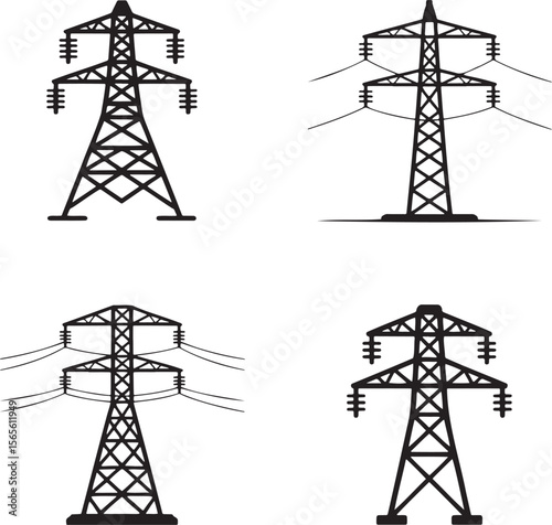 Electric tower silhouette set vector illustration isolated On Transparent Background