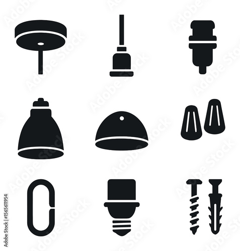 Pendant Light Icons. Solid, filled icons set of pendant light components: ceiling plate, cord set, socket