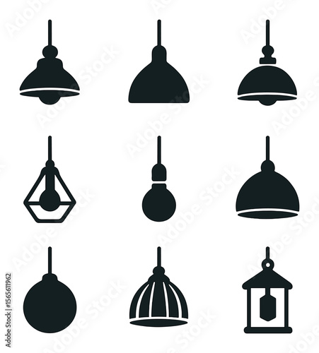 Kitchen Pendant Icons. Solid, filled icons set of pendant styles for kitchens: vintage glass shade, matte