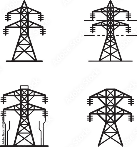 Electric tower silhouette set vector illustration isolated On Transparent Background