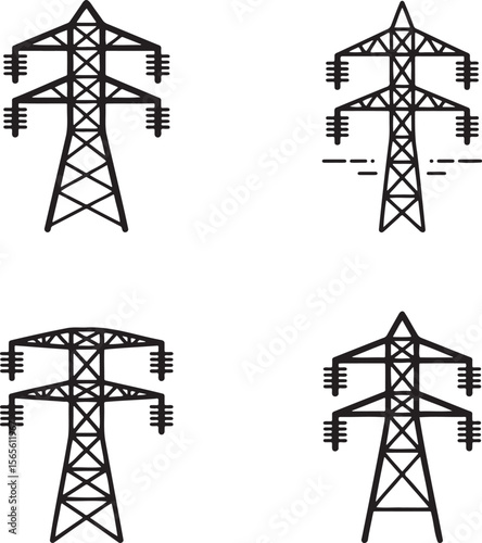 Electric tower silhouette set vector illustration isolated On Transparent Background