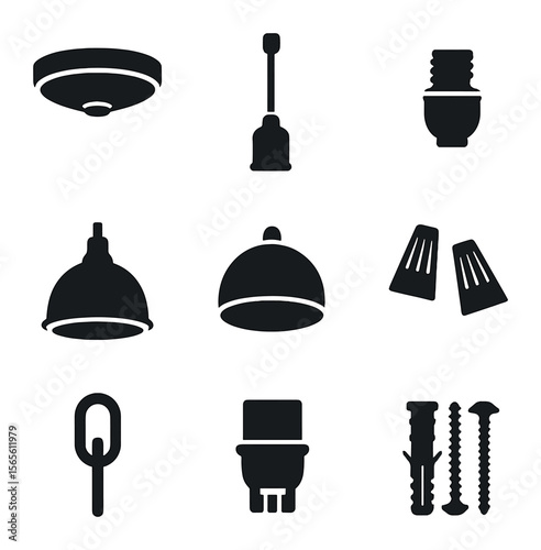 Pendant Light Icons. Solid, filled icons set of pendant light components: ceiling plate, cord set, socket