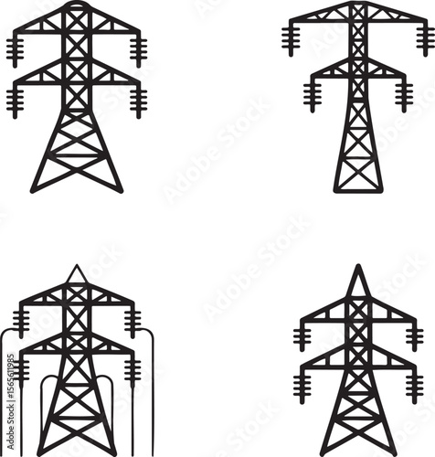 Electric tower silhouette set vector illustration isolated On Transparent Background