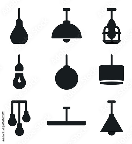Modern Kitchen Lighting Icons. Solid, filled icons set of modern kitchen lighting styles: glass pendant, metal