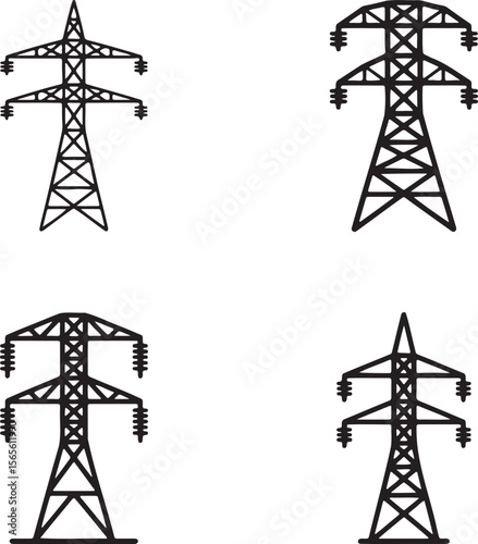 Electric tower silhouette set vector illustration isolated On Transparent Background