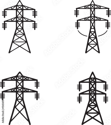 Electric tower silhouette set vector illustration isolated On Transparent Background