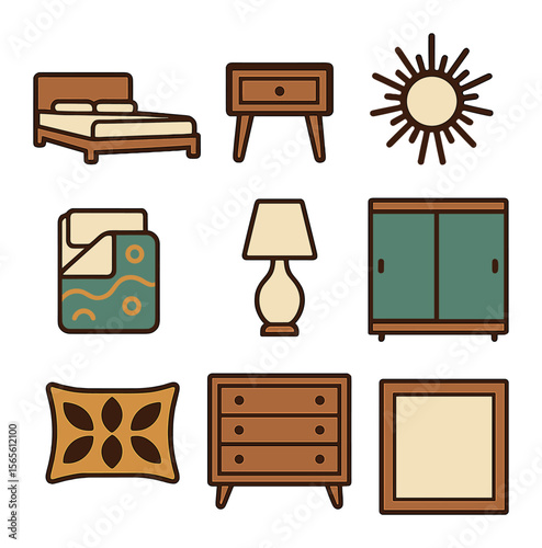 Retro Bedroom Essentials. Solid, filled icons set of bedroom retro essentials: platform bed, wooden nightstand