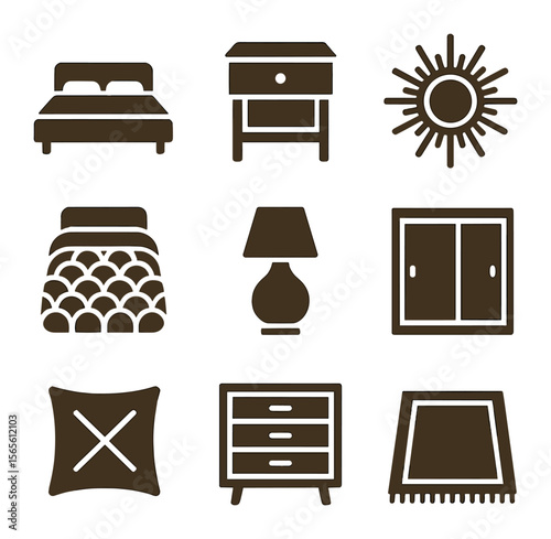 Retro Bedroom Essentials. Solid, filled icons set of bedroom retro essentials: platform bed, wooden nightstand