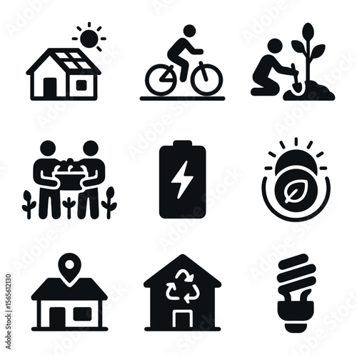 Sustainable Neighborhood Icons. Solid, filled icons set of sustainable neighborhood design: solar homes, bike