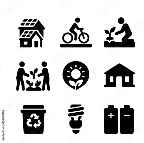 Sustainable Neighborhood Icons. Solid, filled icons set of sustainable neighborhood design: solar homes, bike