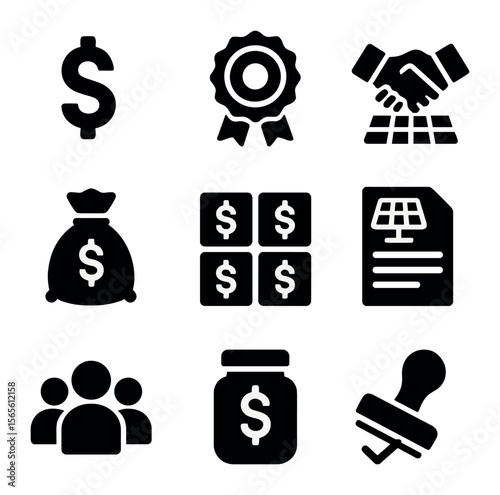 Solar Financing Icons. Solid, filled icons set of solar financing models: dollar sign, subscription badge,