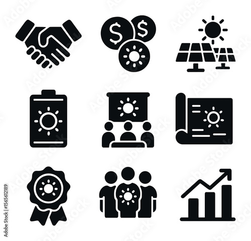 Solar Energy Icons. Solid, filled icons set of solar energy collaboration: handshake icon, shared savings,