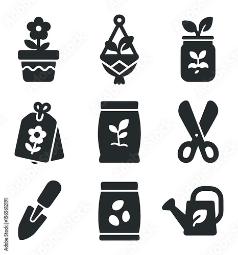 DIY Plant Icon Set. Solid, filled icons set of DIY plant projects: painted pot, handmade macrame, recycled jar