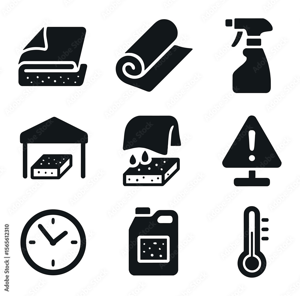 Curing Protection Icons. Solid, filled icons set of curing and protection steps: curing blanket, plastic sheet Curing Protection Icons. Solid, filled icons set of curing and protection steps: curing blanket, plastic sheet