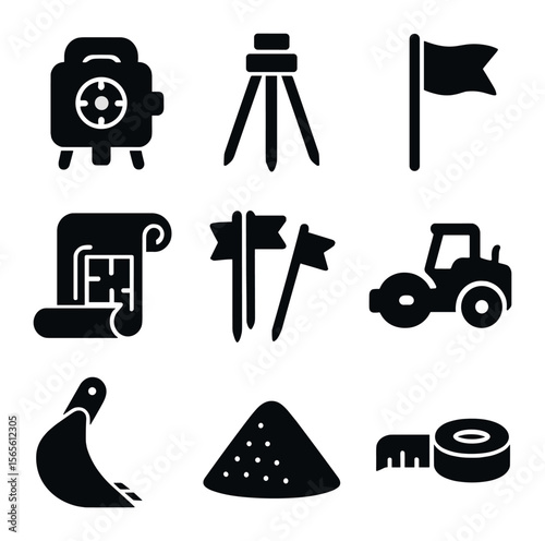 Site Preparation Icons. Solid, filled icons set of site preparation and layout: laser level, survey tripod,