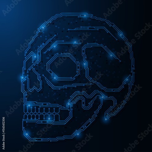 A human skull made in the form of a glowing blue electronic circuit. Dark blue background.