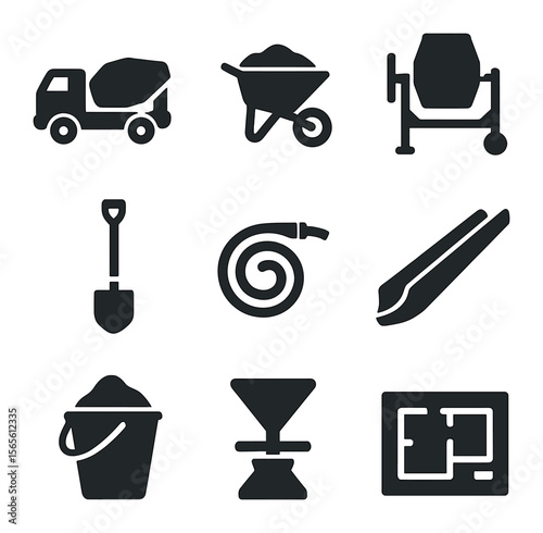Concrete Mixing Icons. Solid, filled icons set of concrete mixing and delivery: cement mixer truck,